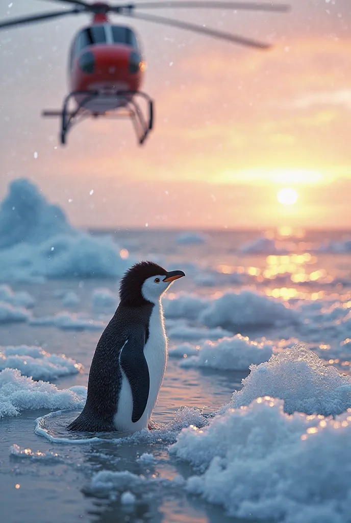  The helicopter returns, landing near the coastline where the sea meets the snow. the younge penguin Pippin is gently lifted from the helicopter and set down on the soft snow near the water's edge. The helicopter takes off again, disappearing into the sky ...