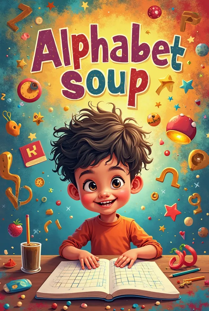 ren's book cover.  mosaic logo must contain the word  "alphabet soup"  in large . Dibujo de un niño realizando el crucigrama de alphabet soup.