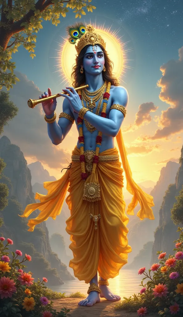 "A highly detailed and visually stunning image of Lord Krishna standing in a divine, ethereal setting. He is depicted with a radiant blue complexion, wearing a golden crown adorned with peacock feathers. His eyes are full of compassion, and he has a gentle...