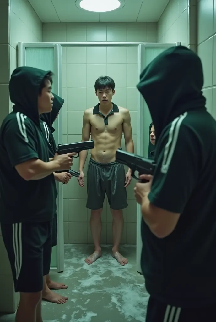 South Korea: three male high school students In the athletes' bathroom, three male students in uniforms to play soccer, chimpunes and polo shirts, all three of them are frightened because a hooded man naps him with a gun, at the same time next to them is a...