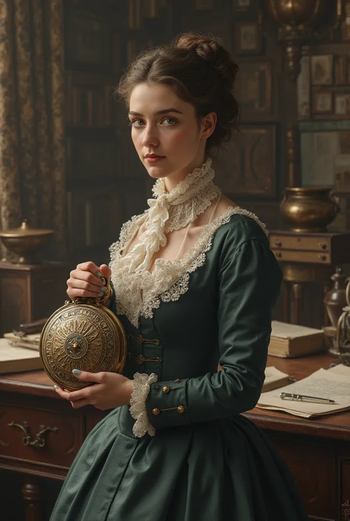 Image of a woman from the year 1800 standing with a large watch in her arms and behind her a desk full of tasks to do