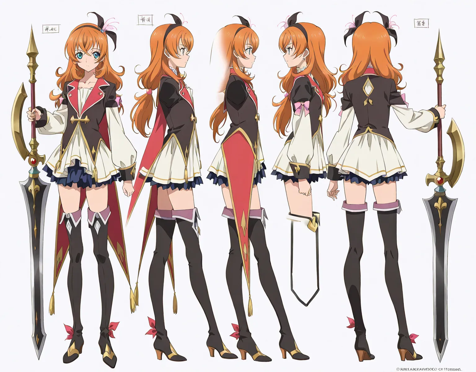 (((Best Quality))) , ((full body)), female, reference sheet, solo, (white background), high-fantasy, holding weapon, tales of, (precure:0.8),
