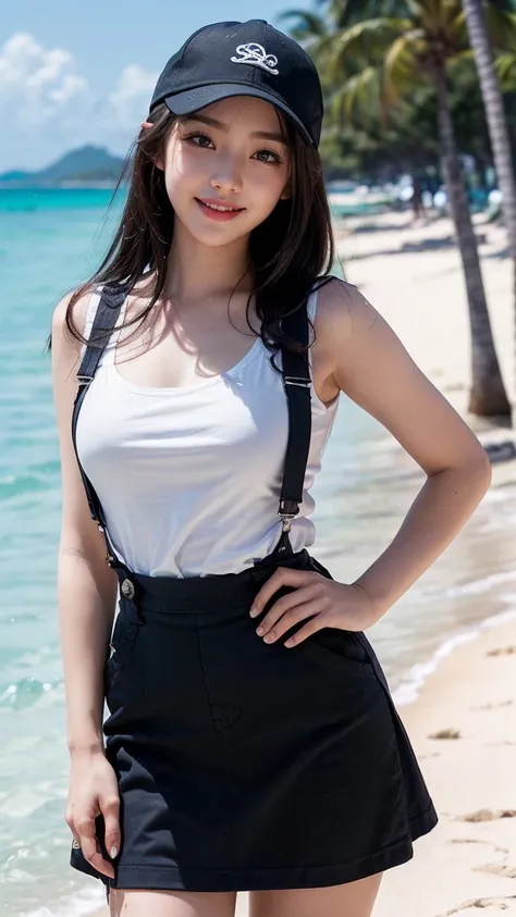 ai_kase, (Tropical sea, white sand beach with palm trees), (She is Walking along the coastal road the beach shore), (Palm trees are planted along the coastal road.), (Stopping at Palm Tree Avenue), (Gravure model photo session), (Beautiful model girl), ((S...