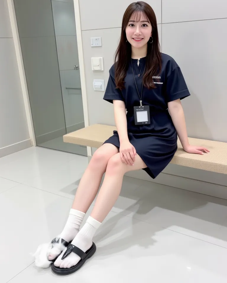 (    photorealism   :1.2)、 full body portrait 、Premium rich NIKE mark white socks、beautiful日本人モデル、39;  thick legs、  woman  、39;    dark blue uniform short skirt for beauty salon、business files、I'm wearing a security card around my neck　 Black Sandals、smile...