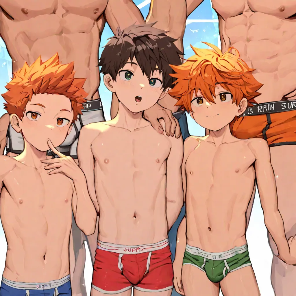 flashy colored boxer briefs、5boys, male focus, male middle school students、orange hair、Short Hair、 (masterpiece), (top quality), (Super Detail), very aesthetic, illustration for both eyes, damp skin,  exquisite details、high quality