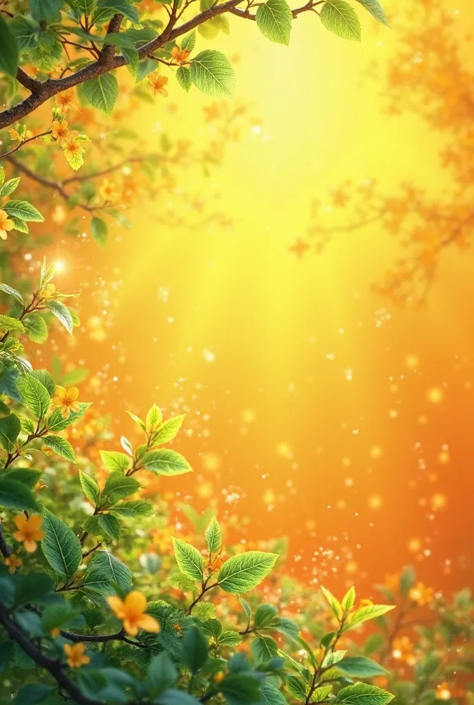 ON A BRIGHT ORANGE BACKGROUND SPRING. GREEN, YELLOW, ORANGE LEAVES. THE SUN IS SHINING