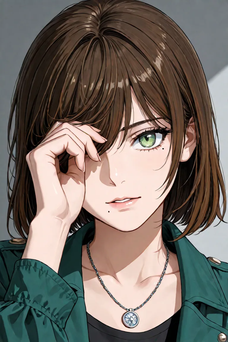  anime digital artwork, inspired by “Detective Conan”of a person with long, straight brown hair covering one eye. The individual has light skin and green eyes, with a distinctive mole above the lip on the left side. They are wearing a green jacket with bla...