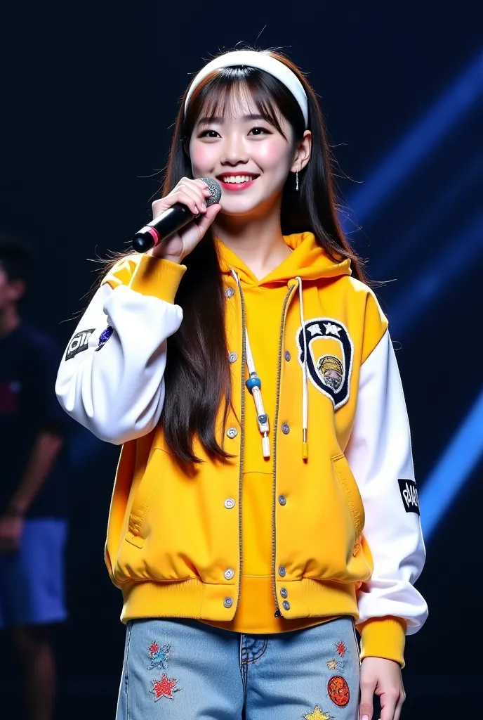 Beautiful Korean girl at the stage smiling and wearing yellow varsity-style jacket with white sleeves, featuring embroidered details and patches. Underneath, there is a bright yellow oversized hoodie with a playful design. The look is completed with light ...