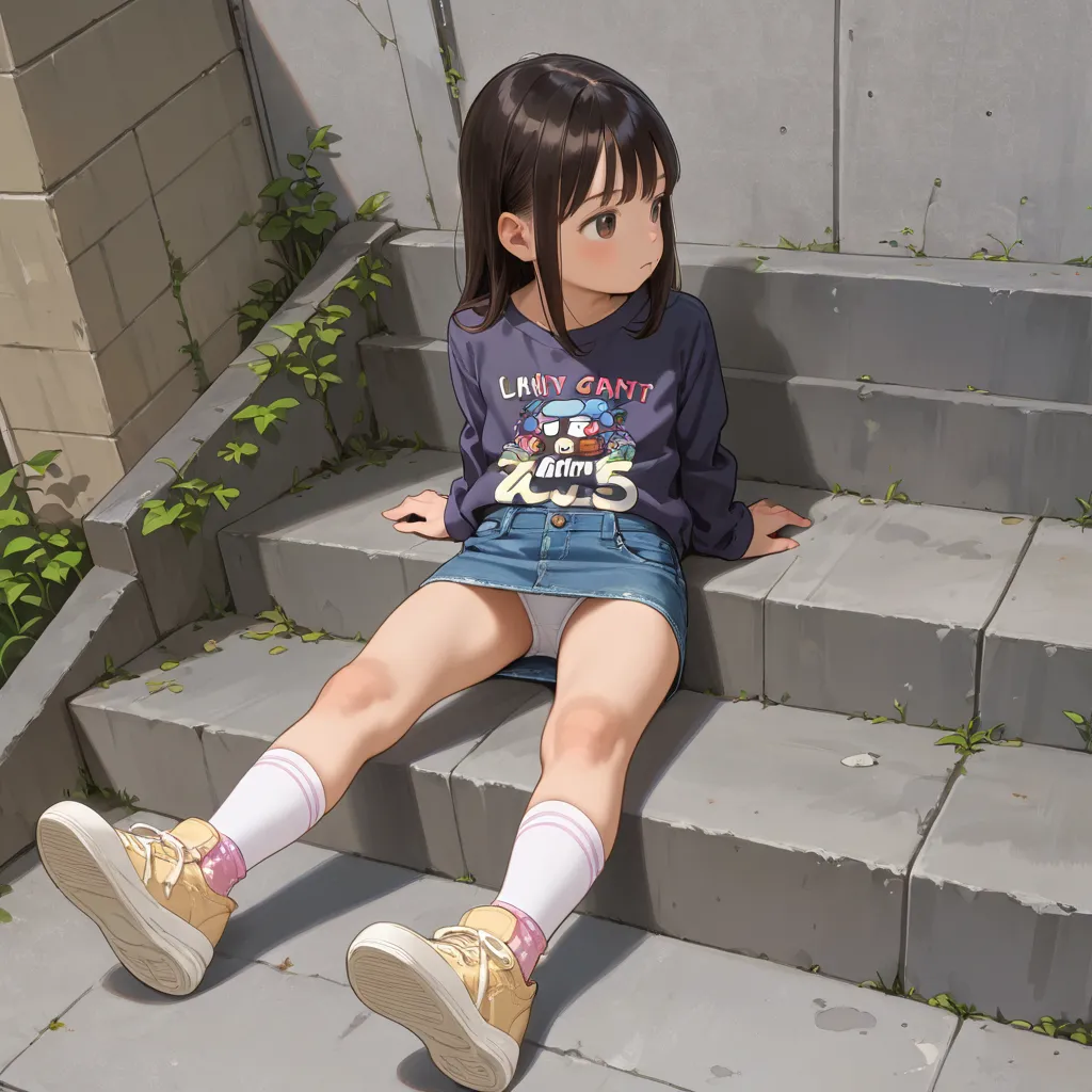 1girl,loli,long sleeves,denim skirt,panty shot,socks,shoes,slim,slender,looking away