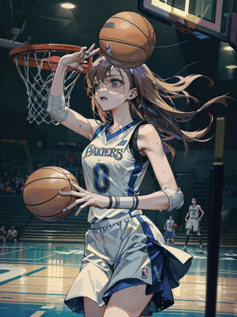 ((best quality)), ((masterpiece)), (detailed), perfect face, (best quality), (detailed skin:1.3), (intricate details), Female professional basketball player, NBA, ((dunk shot, bascketball)), under the goal, jumping, sweat pouring out, a scene during the ga...