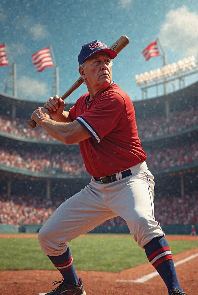 Donald Trump stands in a brightly lit baseball stadium, firmly holding a baseball bat. He wears a classic uniform in patriotic U.S. colors, along with a red cap and sports gloves. His expression is serious and determined, as if he's ready to hit a powerful...