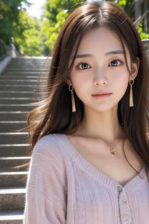 ((masterpiece)), ((photo realistic:1.3)), Japanese Girl , (Fairy-like face:1.3), (flat chest), thin eyebrows, (big breasts eyes, broad jawline, puffy face), no make up , shiny eyes, light brown hair, long hair, loose wavy hair, earrings, necklace, (tearful...