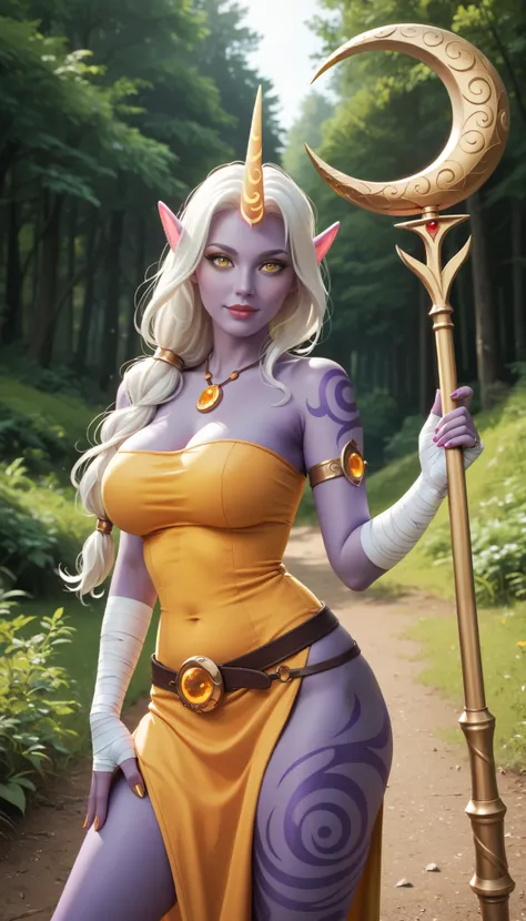 SorakaLoLXLv2, purple skin, colored skin, white hair, long hair, low-tied long hair, sidelocks, yellow eyes, pointy ears, single horn, tattoo, large breasts, bare shoulder, yellow jewel, red cropped torso, yellow dress, armlet, bandaged arms, belt, bandage...