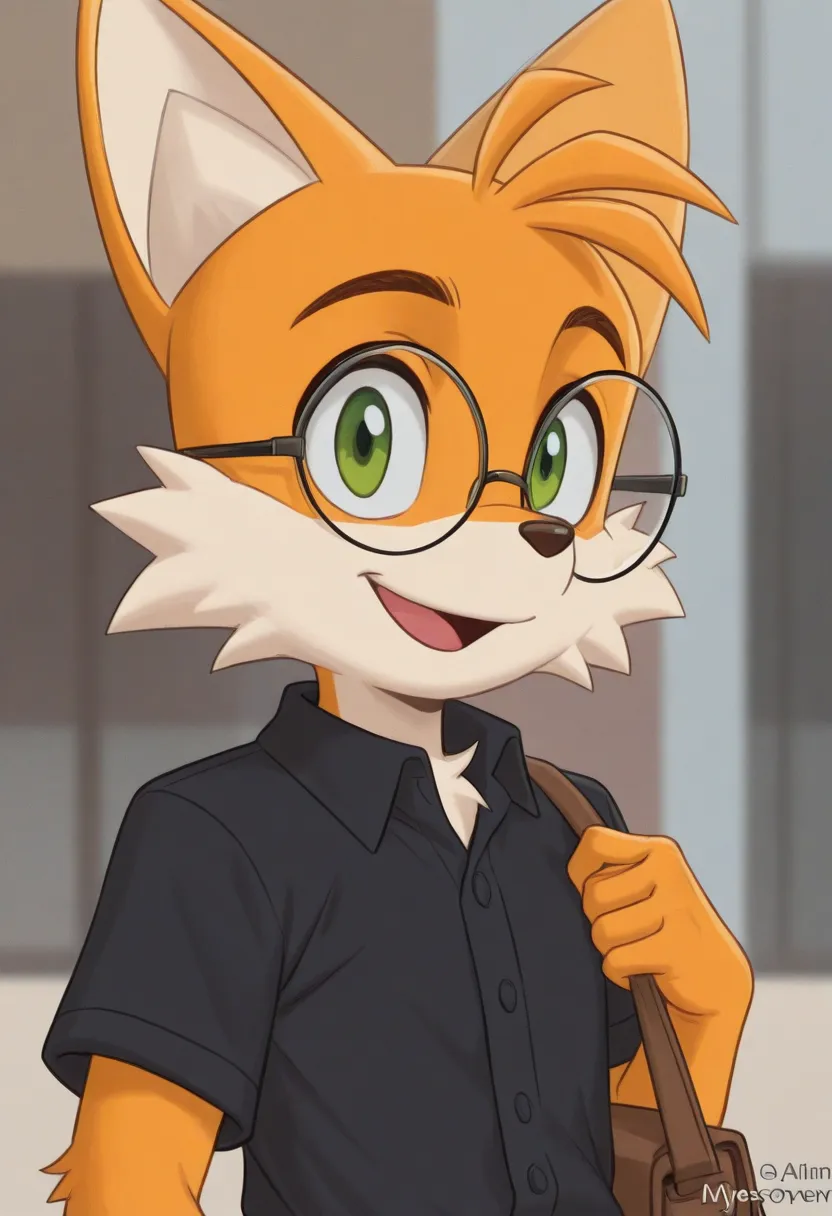 a furry cartoon artist person is wearing a dress shirt and tie, glasses, and carrying a messenger bag, solo, animal ears, green eyes, furry, animal nose, smile, open mouth, artist name, shirt, round eyewear, black shirt, looking at viewer, glasses, male fo...