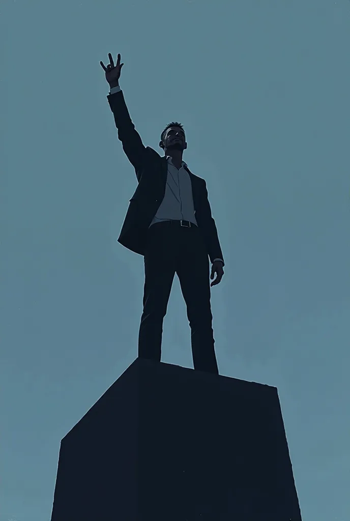 blue monotone illustration, low angle shot, showing upper body of man on bedind podium with one arm raised up 