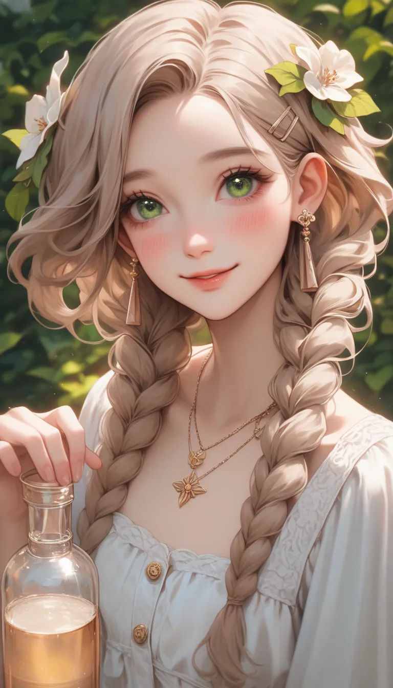 ((((1girl)))), Green eyes , shy,  gentle smile ,  Light bolt touch, earring, (((1girl))), Light Brown Hair ,  Bifold Braids ,  no bangs ,  Light Brown Hair , Side Braids , Bundled hair,  Low Lambble Hair , hairclip,  Flower Hair Accessories , small glass b...