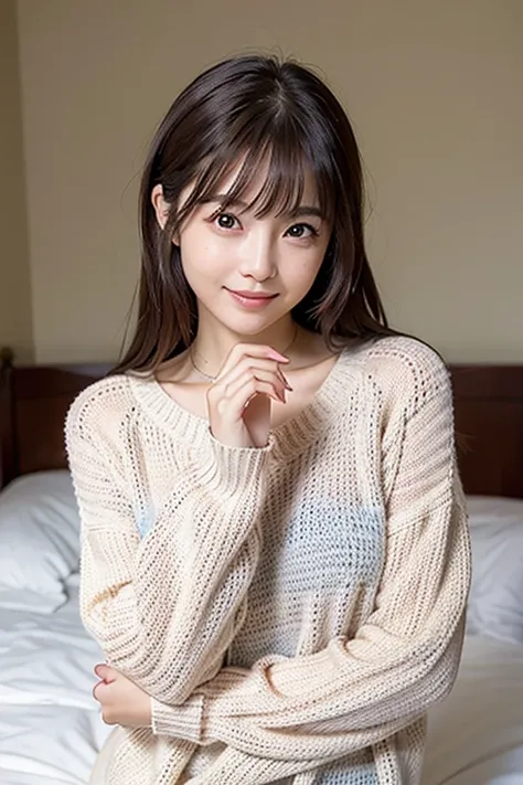 young woman posing on the bed、wearing a pastel pink summer sweater, beautiful Japanese girl face wearing a ring on her finger、Cute beautiful face,  pretty face,  Japanese models、looks at the camera、 beautiful eyes in every detail 、 cute smile、kind expressi...