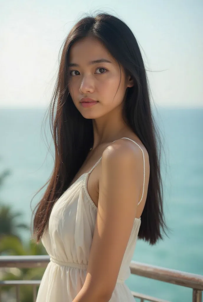 A young Thai woman stands gracefully on the balcony of a luxurious 5-star beachfront hotel. Her long, straight black hair flows gently in the sea breeze, complementing her deep, captivating black eyes. Her fair, smooth skin glows under the soft light, and ...