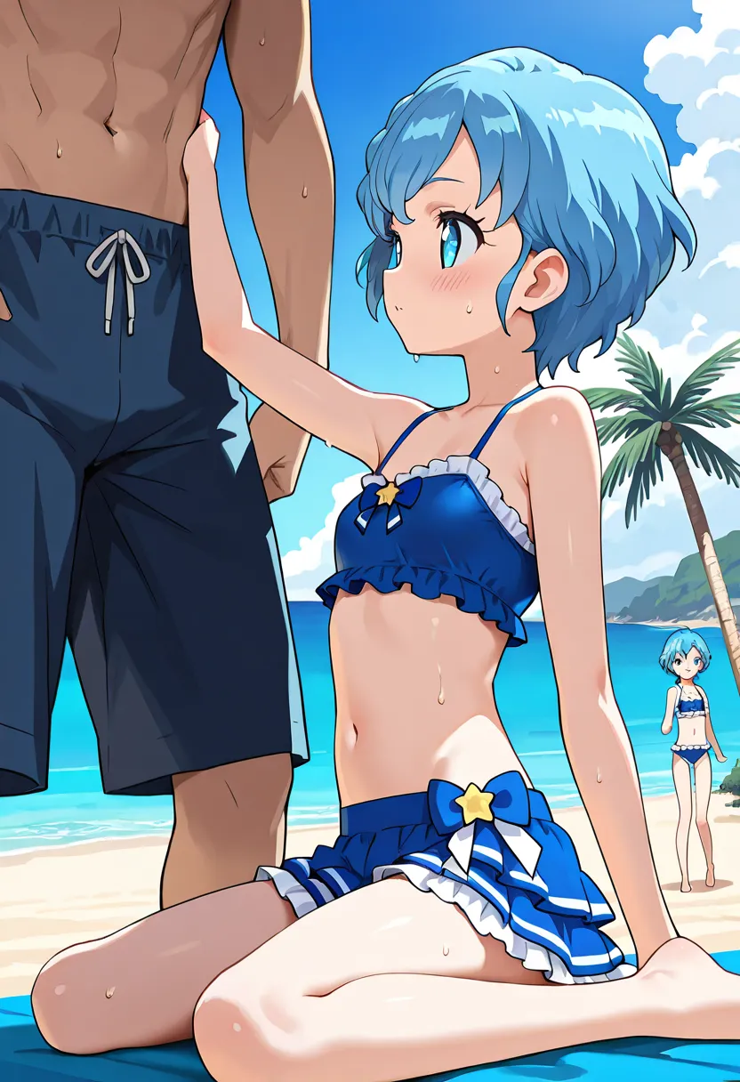 2boys, (((man standing around girl))), best quality, high resolution, 8k, ((loli)), standing, (((wariza))), (dorothypri, short hair, blue hair, blue eyes, small breasts, blue bikini, frilled bikini, beach, blue sky, sea side, palm tree), sweat:1.5, 