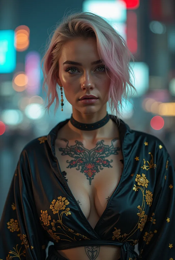 Hyper-realistic portrait of a cyberpunk woman with short asymmetrical pastel hair, deep eyes, floral tattoos on chest, wearing a black silk robe with gold embroidery, futuristic lighting, dark city background, cinematic depth of field, ultra-detailed, 8K