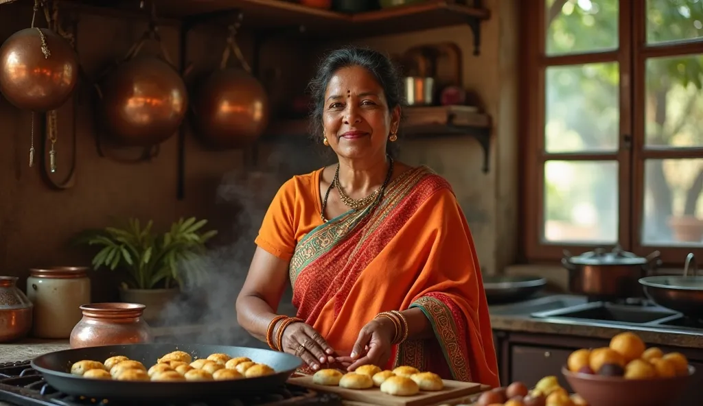 a 34 year old Indian woman is frying gujiyas in oil in her kitchen.