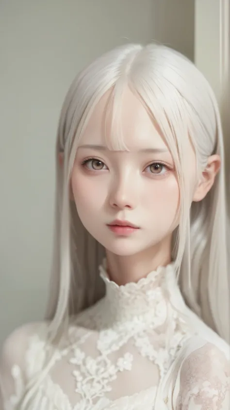 perfect anatomy, Japanese Girls , solo、one girl、少し短い首:1.7, Albino Skin, Gray Hair, straight long hair , light brown eyes, high neck lace fabric, white clothes, artistic.