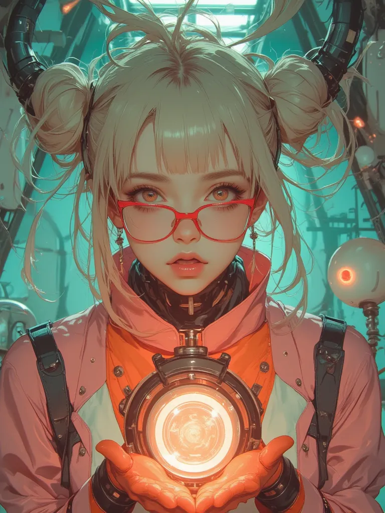 8k, masterpiece, top quality, low angle,  blond with a big face,   red glasses, pink dress,  orange gloves,   updo to the chest,  open your mouth,  Surprised,  RETRO FUTURISTIC, Laboratory, Glowing sphere,  electric spark,  Teal,  pink,  orange,  saturatio...