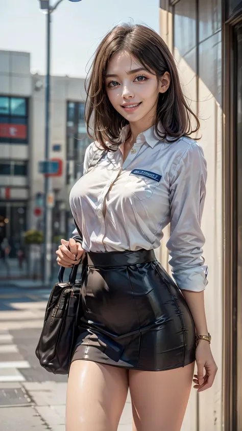 A beautiful, 24-year-old Japanese woman with perfect anatomy, healthy thighs, beautiful legs, beautiful skin, random hair color and style, large breasts, (wearing a flight attendant uniform with a mini-skirt:1.3), (she is standing:1.2), full body shot, pum...