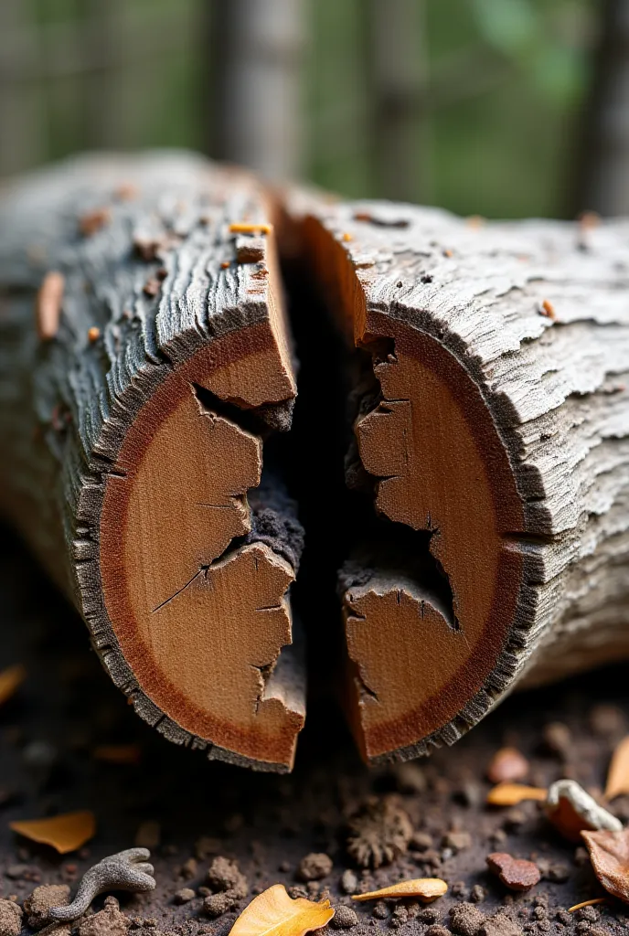 Prompt:

"A hyper-realistic image of a weathered wooden log with a deep, jagged crack running through its center. The texture of the log is rough, with visible wood grain, knots, and splinters protruding from the broken edges. The crack reveals the dark, a...