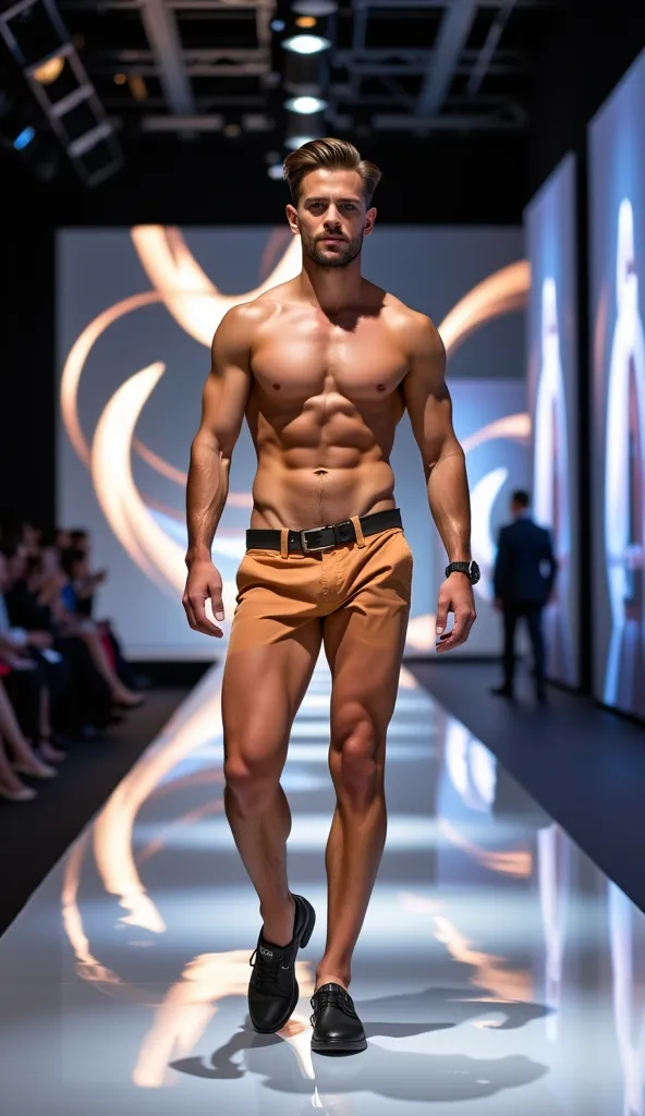 "A captivating and attractive male model confidently walking down a high-end fashion runway. He is shirtless, with a toned, well-defined body that exudes strength without being overly muscular. His presence is commanding, with a natural charisma and sensua...