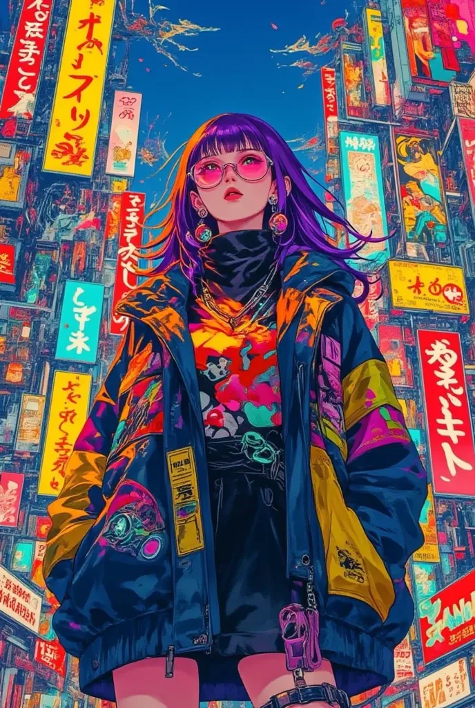 32 mil , masterpiece,  superior quality, (  Beautiful Women  )   Cyberpunk,  neon city background ,  protective glasses,  Coca Cola Jacket ,   colored lighting ,  Futuristic Street Fashion,   night vision ,   vibrant colors,  reduced depth of field ,  High...