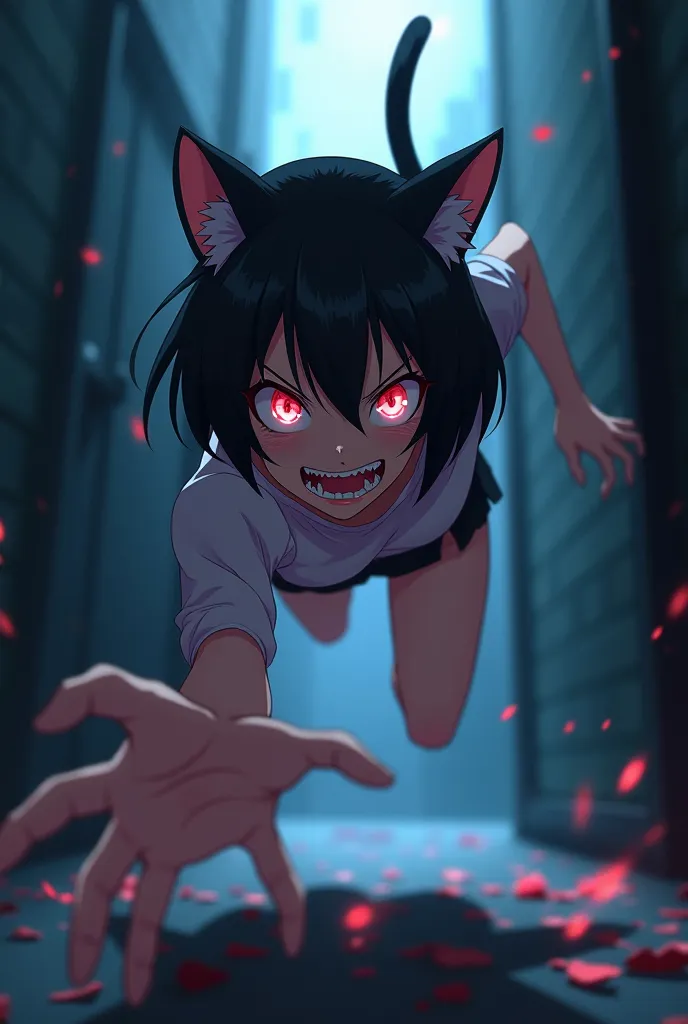 Yandere anime cat girl actively leaping into view trying to catch you (give her a deranged smile)

