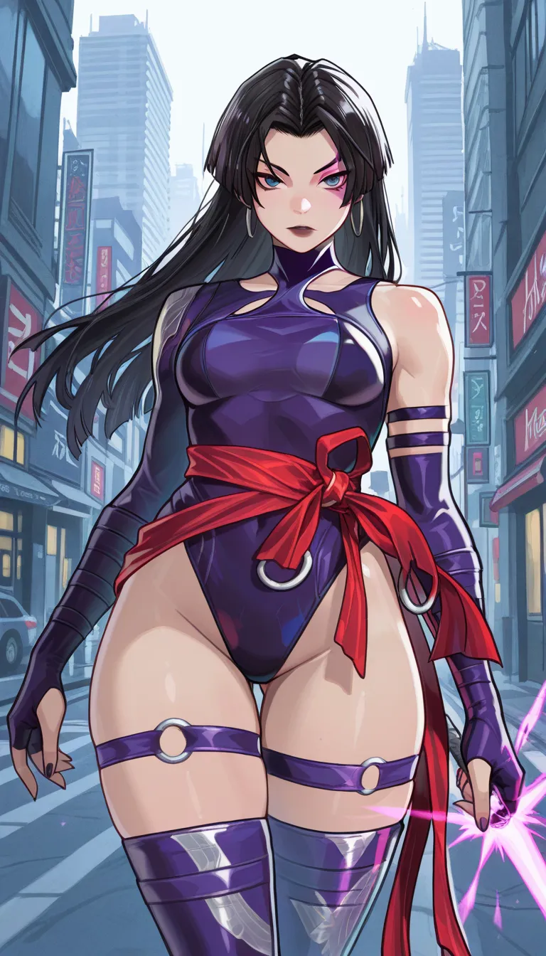 masterpiece, best quality, newest, absurdres, 1girl, solo, psylocke_vengeance, blue eyes, black hair, straight hair, long hair, hoop earrings, jewelry, purple leotard, highleg leotard, o-ring thigh straps, multiple thigh straps, clothing cutout, purple glo...