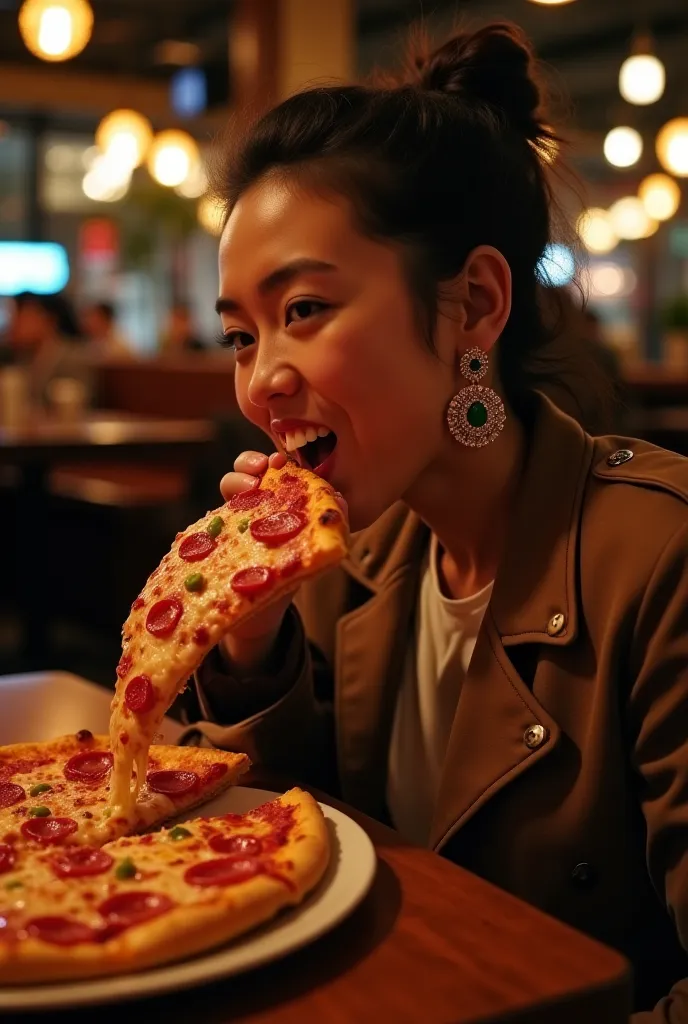 An earring in a restaurant and eating a pizza 