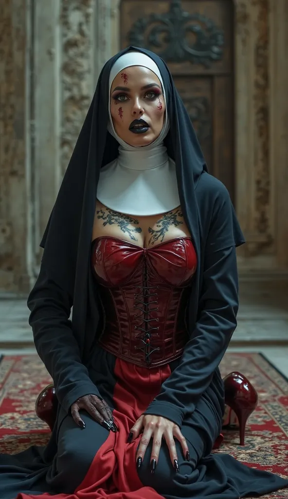 angelina jolie on her knees and prau, latex,  latex nun uniform, long latex nun dresse latex dark blue and red brown, REVERENCE LATEX RUBBER HEADPIEce dark blue latex red brown latex, corset latex brown red, platform stilettos vinyl red blood, black shinny...