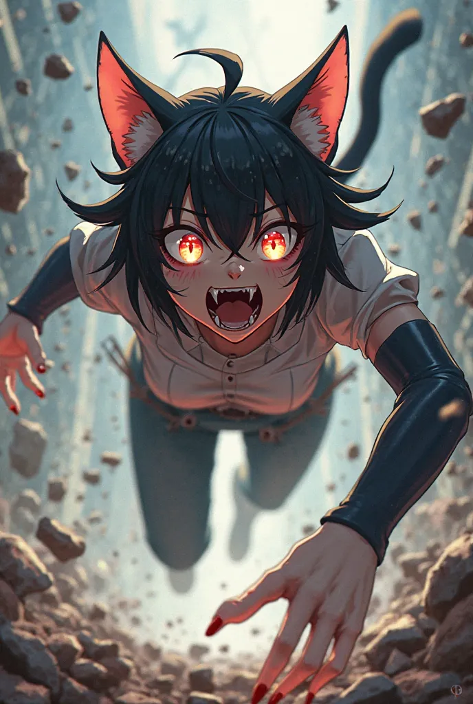 Yandere anime cat girl actively leaping into view trying to catch you. give her a deranged smile and both arms reaching out with her claws bared 