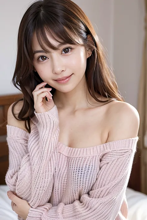 young woman posing on the bed、is wearing a pastel pink summer sweater, beautiful Japanese girl face wearing a ring on her finger、Cute beautiful face,  pretty face,  Japanese models、looks at the camera、 beautiful eyes in every detail 、 cute smile、kind expre...