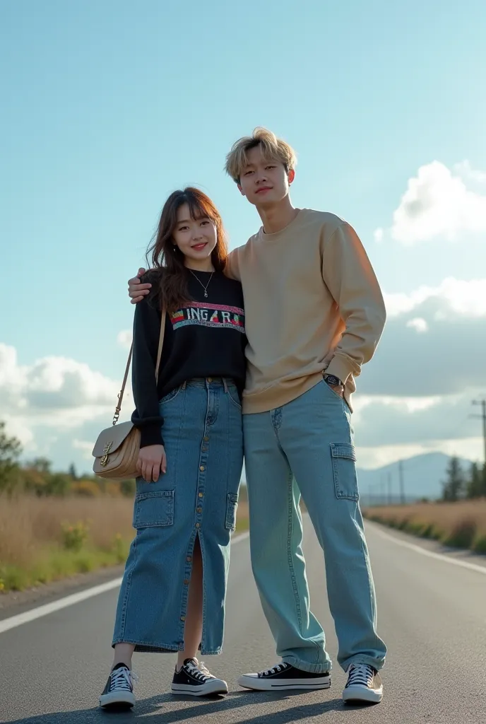 A beautiful Korean girl smiling with white skin wearing earrings and a thin braided bangs tied sideways half wavy curls next to the color of the hair color next to the colorful small line wears a blackwhite sweater dress with the inscription Putry dressed ...