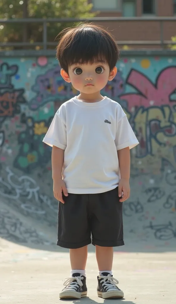 Japanese obese chubby elementary school student,  Upright boy ,  full body, wearing a white T-shirt and black shorts. The baby is standing on the smooth concrete floor in the skate park, The background has a colorful lamp and a wall full of graffiti. eleme...