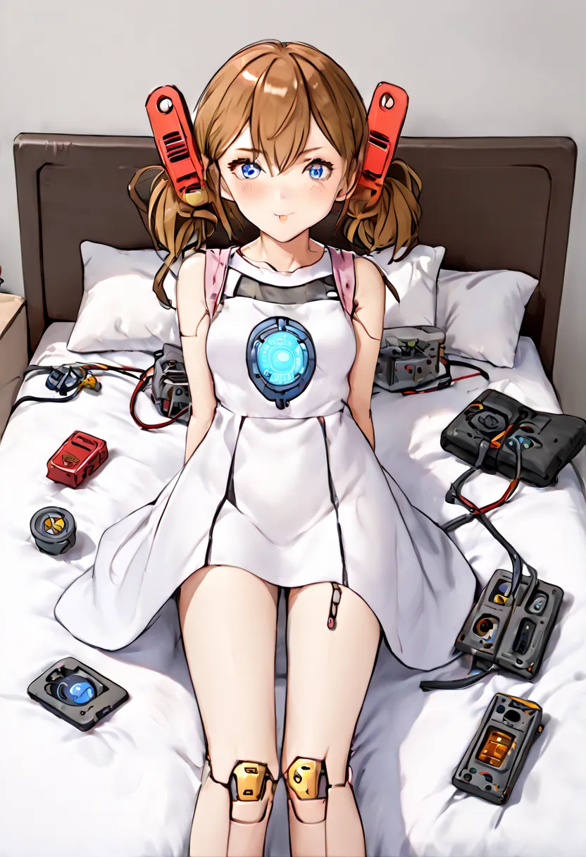  A lady is in the bed, height 160 cm mechanical lady, very short pigtails, brown hair, Hair tie with two red big red clothespins, android, blue eyes, flushed cheeks, 2020s anime picture, from front view.  She is ready to fuck. She closes her eyes. She arch...