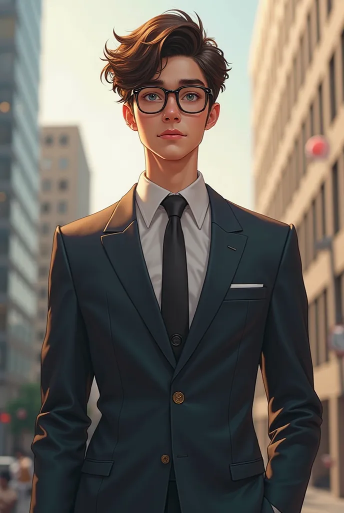 A male character in a suit wears glasses and has slightly curly hair, but it's not too curly, and it's a bit bushy?He is an exemplary student and has a blunt personality 