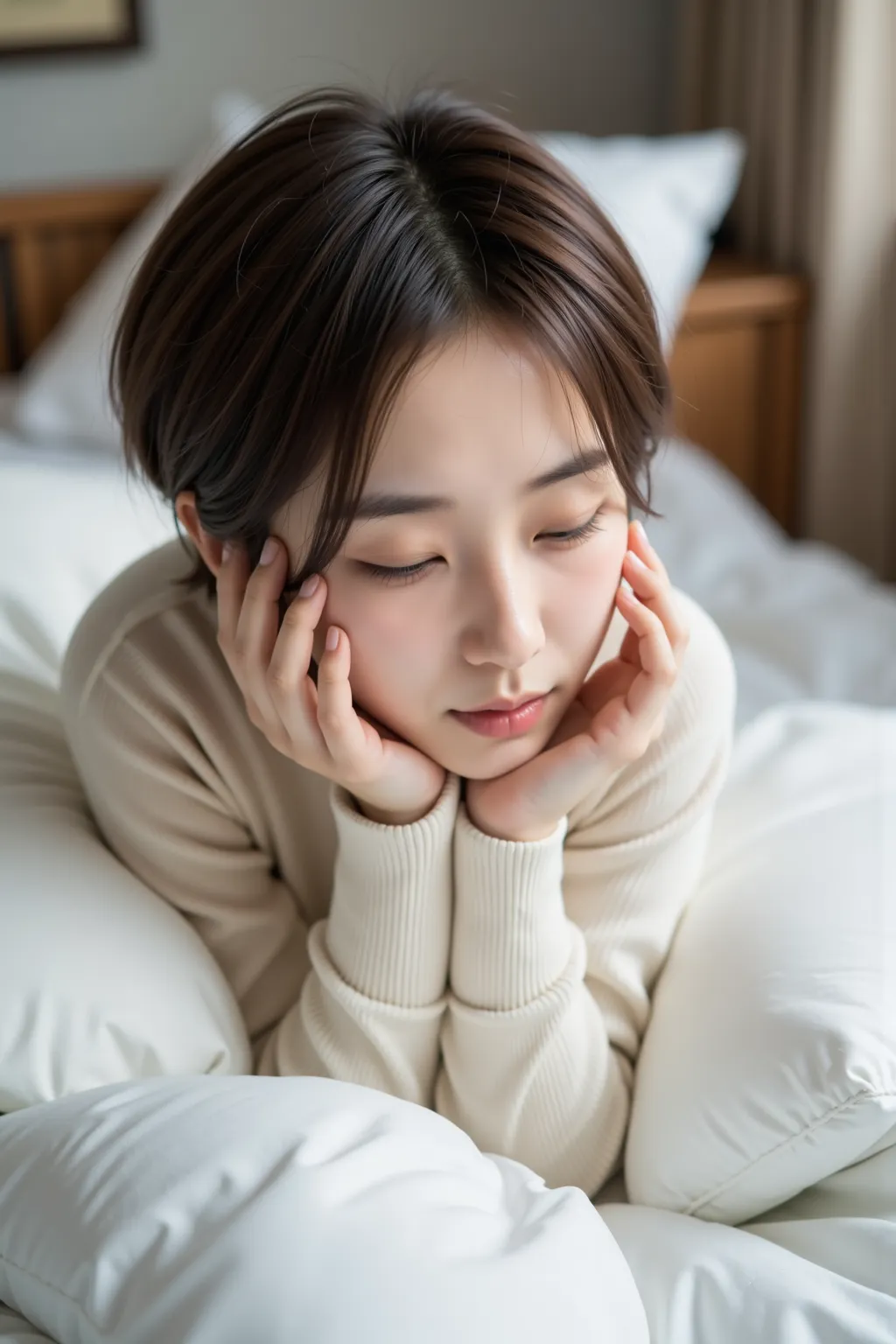 High quality,4K,Super Details,Realism,Professional grade ,bokeh,an Asian female,lying on the bed,There are pillows around ,20 years old,Spit your tongue slightly,Gently close your eyes,Supine,Messy short hair,cardigan,pretty young Korean woman, The face of...