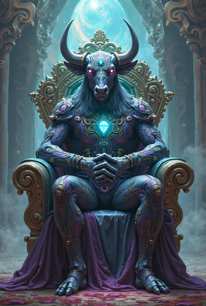  A bison headed being with blue gem located on his forehead who is wearing metallic violet-green cosmic suit and sits on a throne with fingers crossed