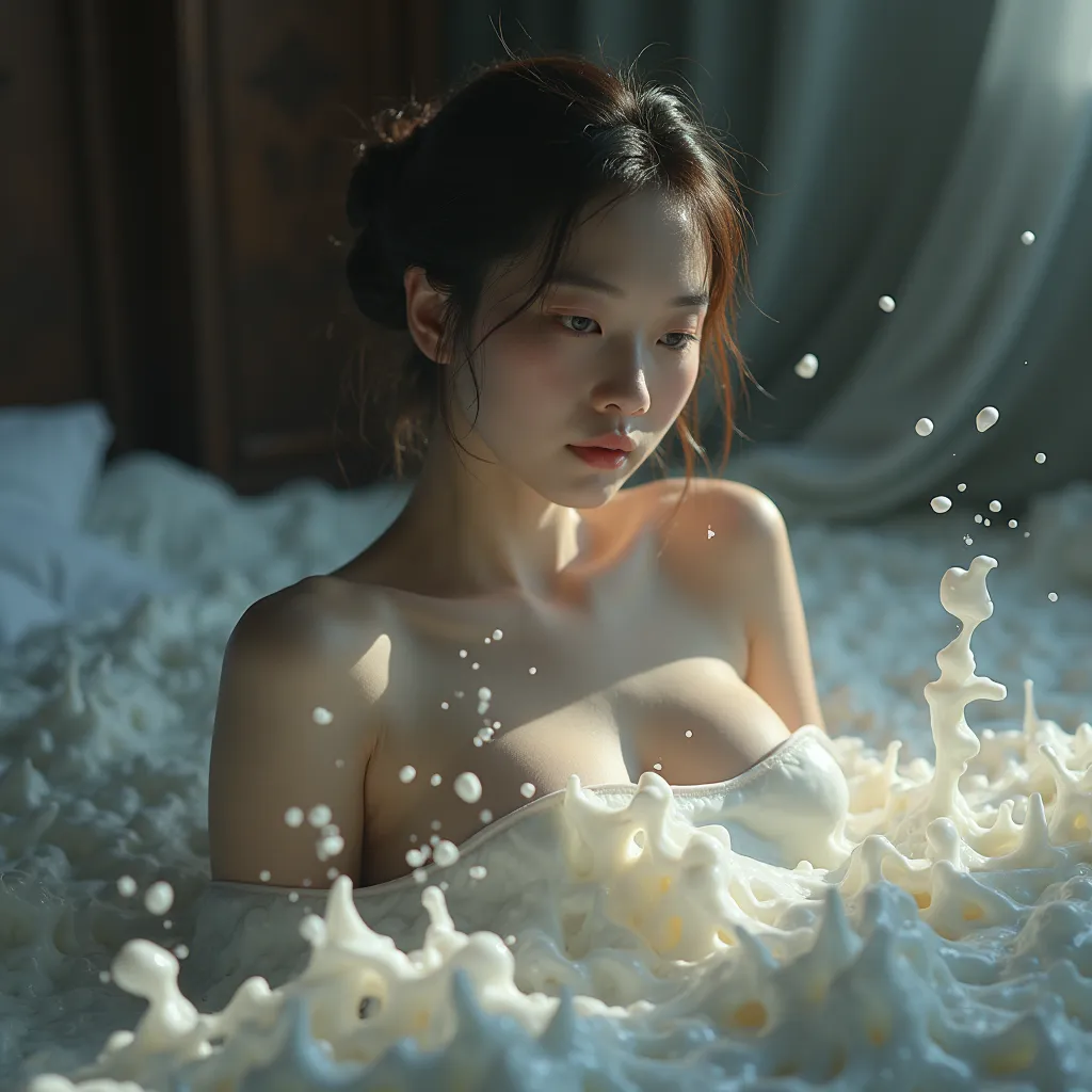 A young Chinese woman naked in bed with her body full of milk jets