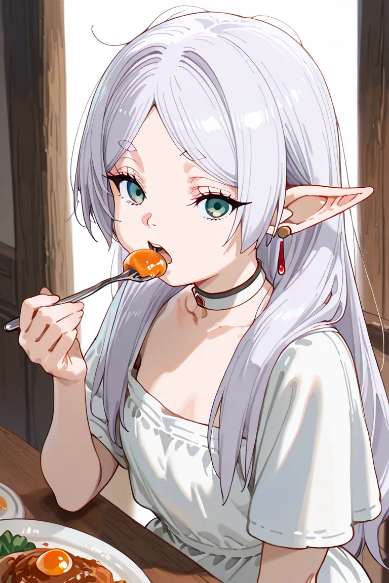 masterpiece, best quality, very aesthetic, frieren, looking_at_viewer, open mouth, 1girl, solo, long hair, messy hair, grey hair, pointy ear, no ponytails, green_eyes, eating dinner, FrierenDress, long hair, earrings, white choker, white dress, short sleev...