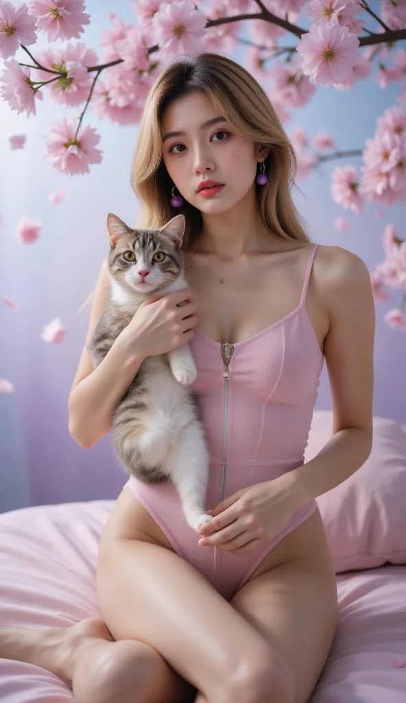 spread your legs，She is holding a cat ，cat selfie，sakura，sex ，Cherry blossom petal rain，(( masterpiece:1.2, Best Quality)), Pacifica Northwestern.  small .  huge hips .  thin body,  Long blonde hair with bell-shaped bangs and dark blue eyes . She also has ...