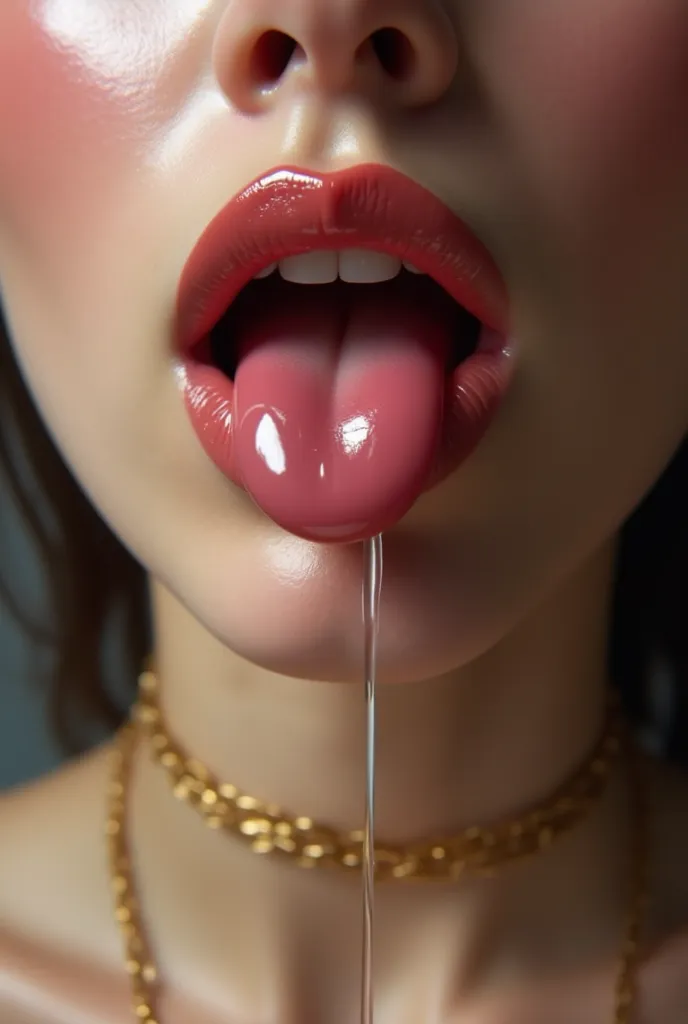 "An ultra-realistic, highly detailed image of a gorgeous, full, and glossy female mouth, sensually engaging with a transparent lollipop or similar object. The lips are plump, smooth, and slightly parted, revealing a glimpse of a moist tongue inside. The li...