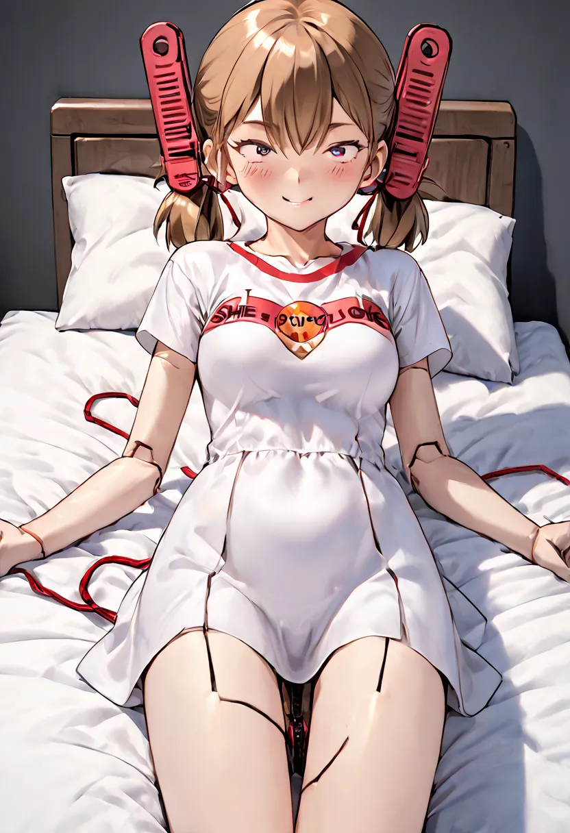  A lady is in the bed, height 160 cm mechanical lady, very short pigtails, brown hair, Hair tie with two red big red clothespins, android, blue eyes, flushed cheeks, 2020s anime picture, from front view.  She is ready to fuck. She closes her eyes. She arch...