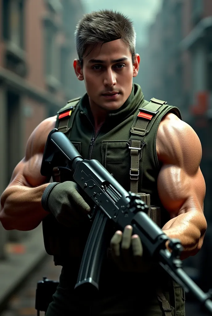 A man in sleeveless military suit wearing medium size glasses holding ak 47