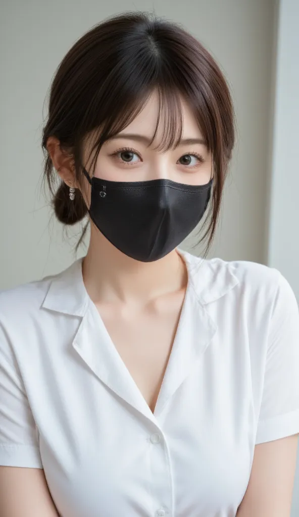 subdued lighting effect ,beautiful woman wearing white uniform、wearing a black medical mask。She's wearing stylish earrings、The chest button comes off and is designed so you can see sexy underwear by slouching it slightly。Depict the whole body 、only one of ...